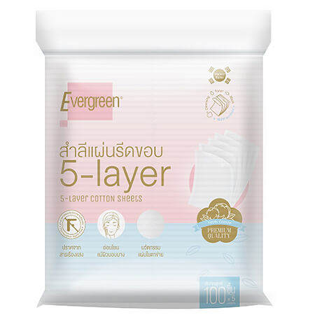 Evergreen 5 - Layers Cotton Sheets 100แผ่น/แพ็ค  -สำลีแผ่นชนิดรีดขอบ แบบ 5 เลเยอร์ ทอด้วยเทคโนโลยี water jet ทำให้เส้นใยสำลีแน่นเป็นพิเศษ ดูดซับน้ำได้ดี  -1 แผ่นสามารถแบ่งปริมาณการใช้ได้ตามเหมาะสม ไม่ว่าจะใช้คู่กับคลีนซิ่ง โทนเนอร์ หรือหยดเซรั่มบำรุงผิวหน้า ทำเป็น Paper Mask   -มีนวัตกรรมแผ่นใยตาข่ายแผ่นหน้า ช่วยเช็ดล้างคราบเครื่องสำอางที่ติด ทน นาน ให้หลุดออกง่าย เช่น คราบอายไลน์เนอร์รอบดวงตา   -ประหยัดโทนเนอร์ ใช้เพียง 1 หยด แต่กระจายใช้ได้ถึง 5 แผ่น   -ฝ้ายเส้นใยยาว ไม่เป็นขุย ไม่บาดหน้า ไม่ฉีกขาดง่าย   -สามารถใช้ได้กับทุกสภาพผิว แม้ผิวที่บอบบางแพ้ง่าย   นำเข้าจากประเทศเกาหลี